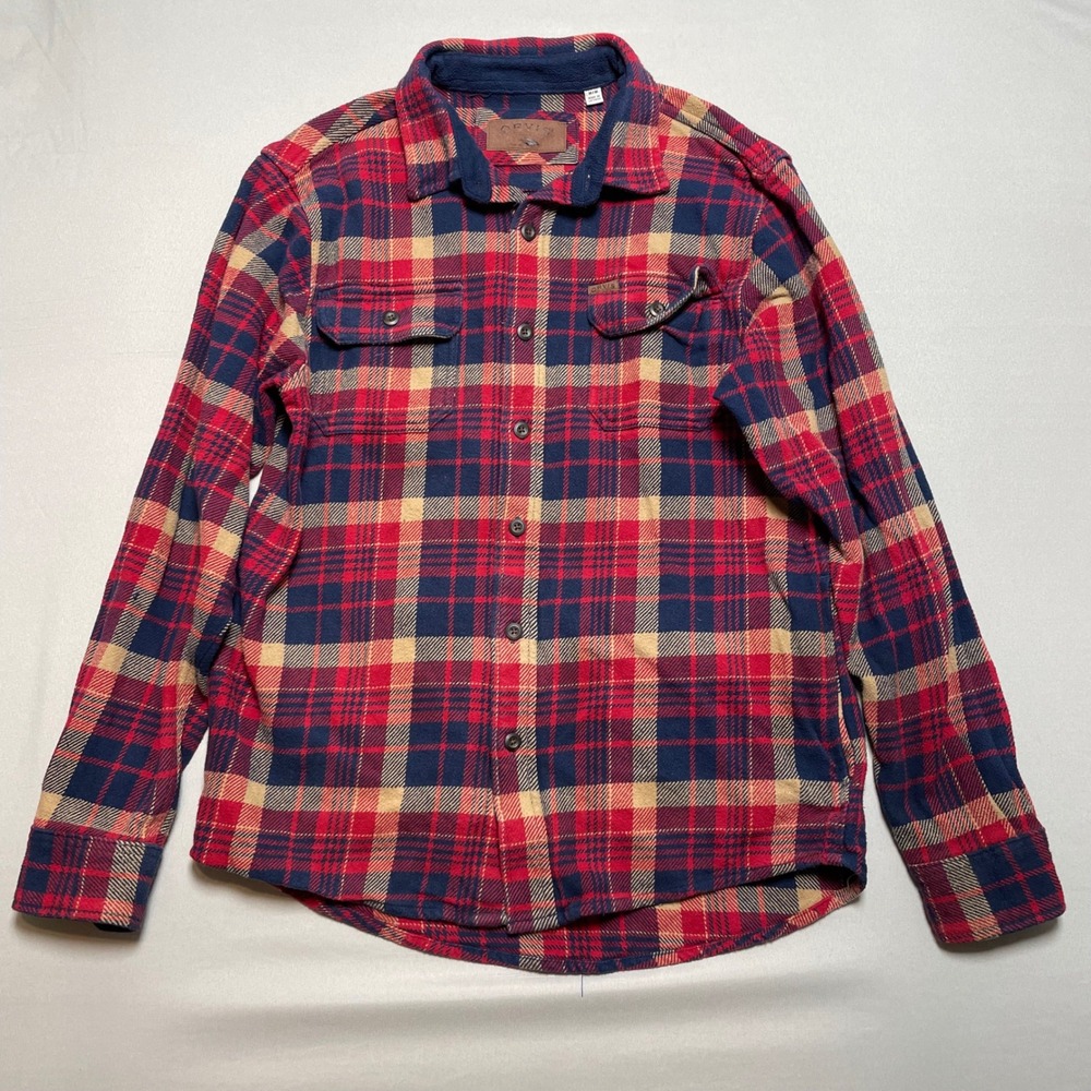 Orvis Mens Plaid Flannel Shirt Red Navy Tan Long Sleeve‎ Button Up M Outdoor